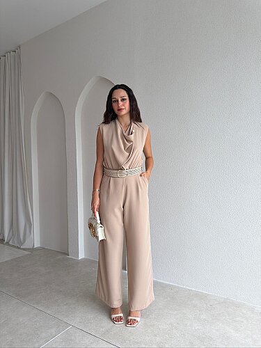 ADİN Kemerli Tulum 3044 - Krem Rengi - Mooi Butik