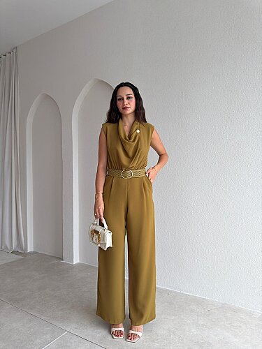 ADİN Kemerli Tulum 3044 - Yağ Yeşili - Mooi Butik
