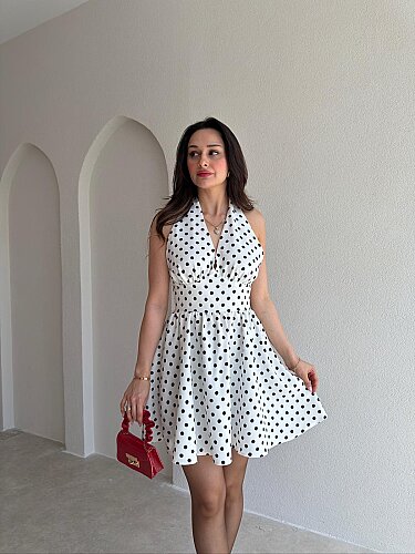 ALİEN Puantiyeli Mini Elbise 1111 - Beyaz - Mooi Butik