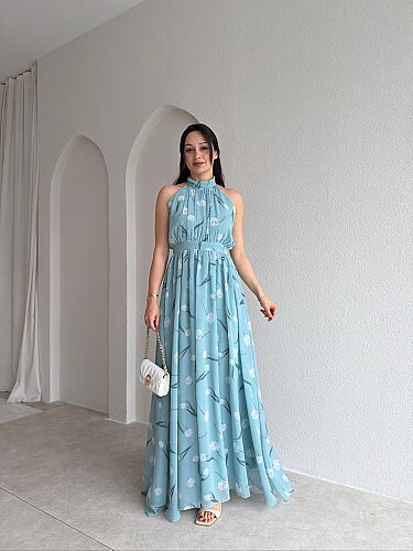 ALMEDA Halter Yaka Çiçekli Elbise 5982 - Mavi - Mooi Butik