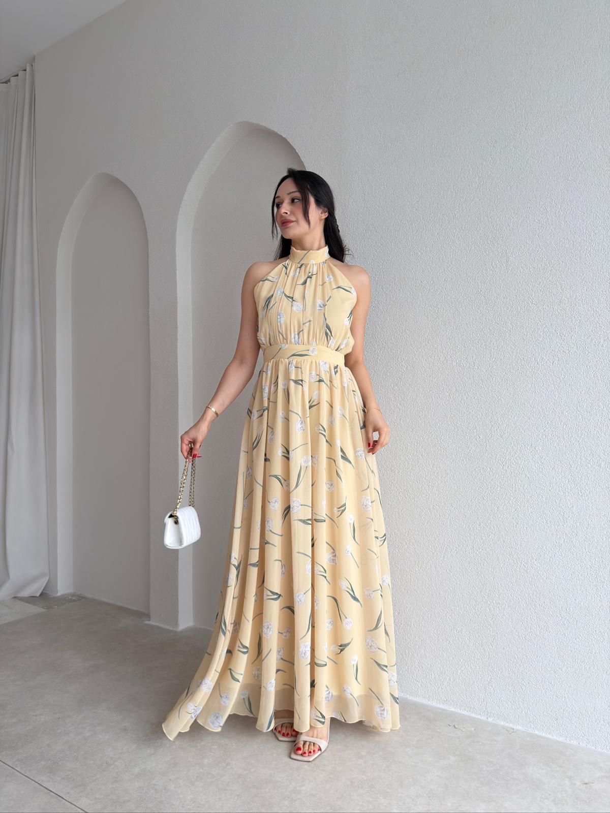 ALMEDA Halter Yaka Çiçekli Elbise 5982 - Sarı