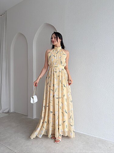 ALMEDA Halter Yaka Çiçekli Elbise 5982 - Sarı - Mooi Butik