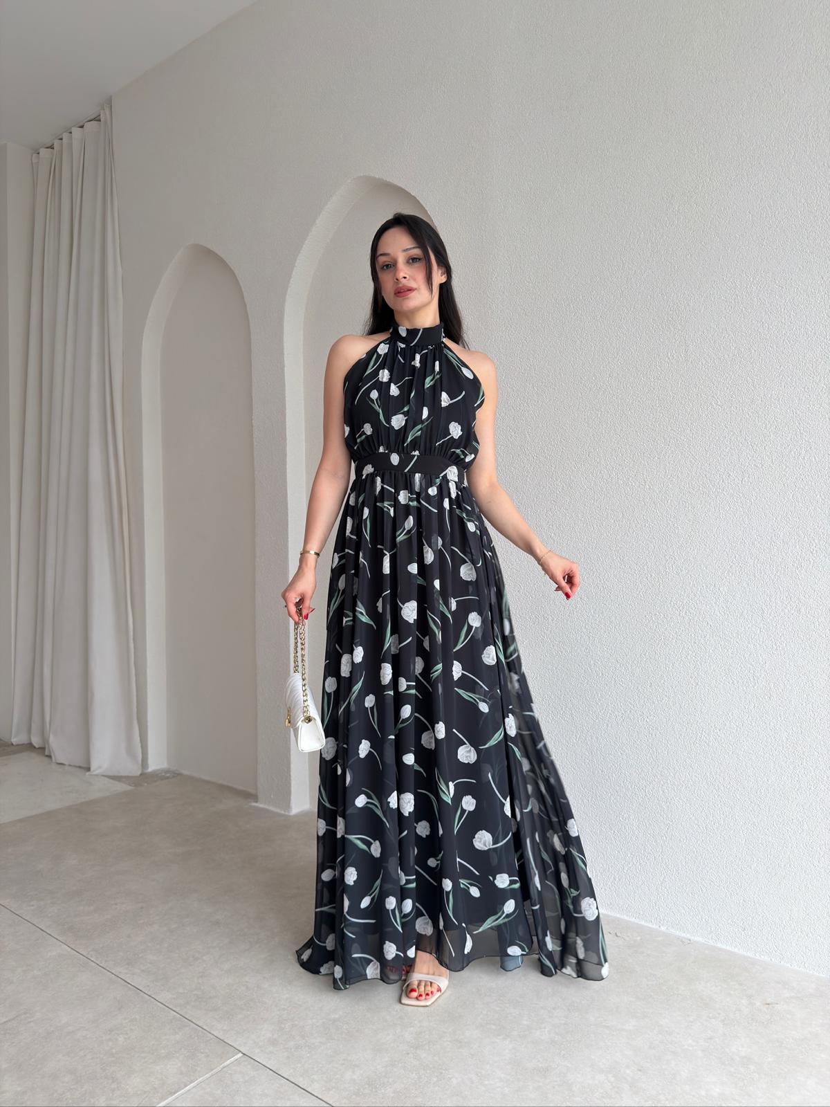 ALMEDA Halter Yaka Çiçekli Elbise 5982 - Siyah
