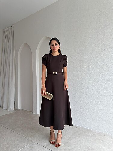 ALORAH Kemerli Midi Elbise 3679 - Acı Kahve 