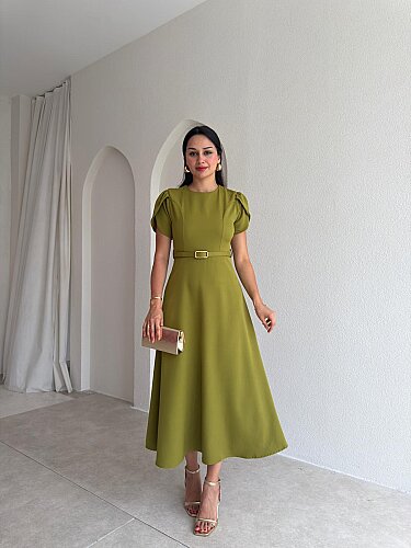 ALORAH Kemerli Midi Elbise 3679 - Yağ Yeşili - Mooi Butik