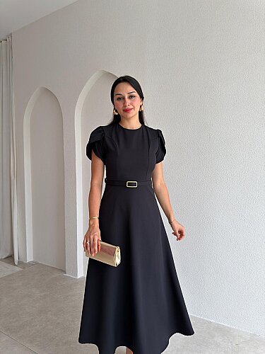 ALORAH Kemerli Midi Elbise 3679 - Siyah - 1