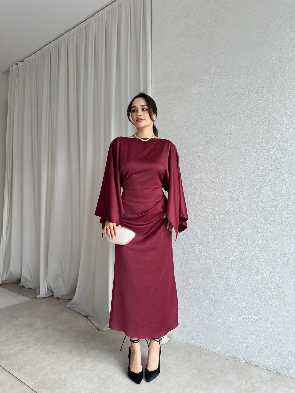 APEROL Saten Midi Elbise 8306 - Bordo