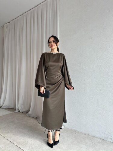  APEROL Saten Midi Elbise 8306 - Haki - Mooi Butik