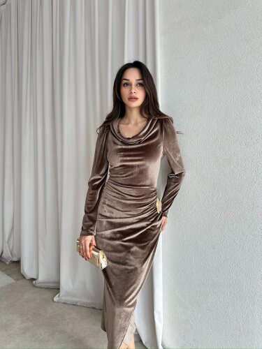 ARWEN Kadife Midi Elbise 8709 - Kahverengi - Mooi Butik