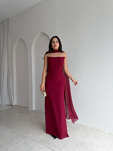 AVALON Şal Detaylı Maxi Elbise 4169 - Mürdüm - Mooi Butik