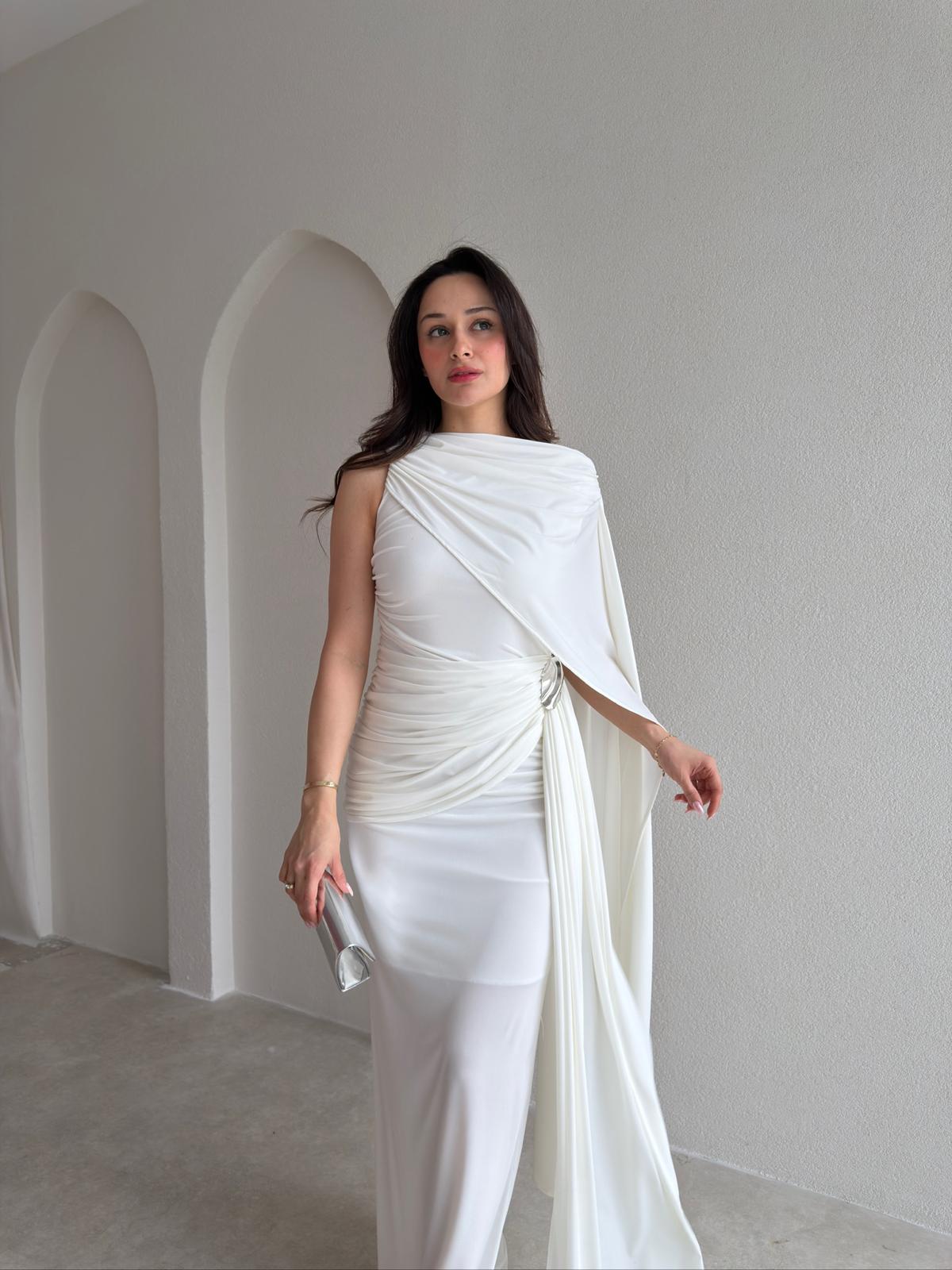  AYRİS Tek Omuz Maxi Elbise 5458 - Beyaz