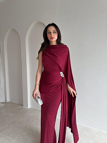  AYRİS Tek Omuz Maxi Elbise 5458 - Bordo - Mooi Butik
