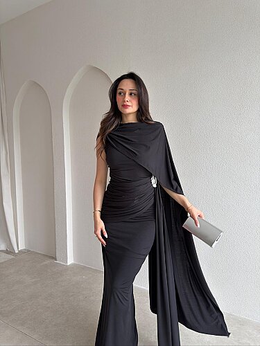 AYRİS Tek Omuz Maxi Elbise 5458 - Siyah - Mooi Butik