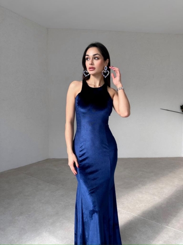 Balık Kesim Kadife Midi DİOKLES Elbise 4224 - Saks Mavi 