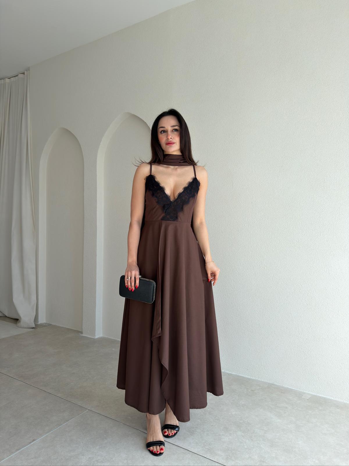 BAROK Dantel Detaylı Maxi Elbise 9035 - Acı Kahve