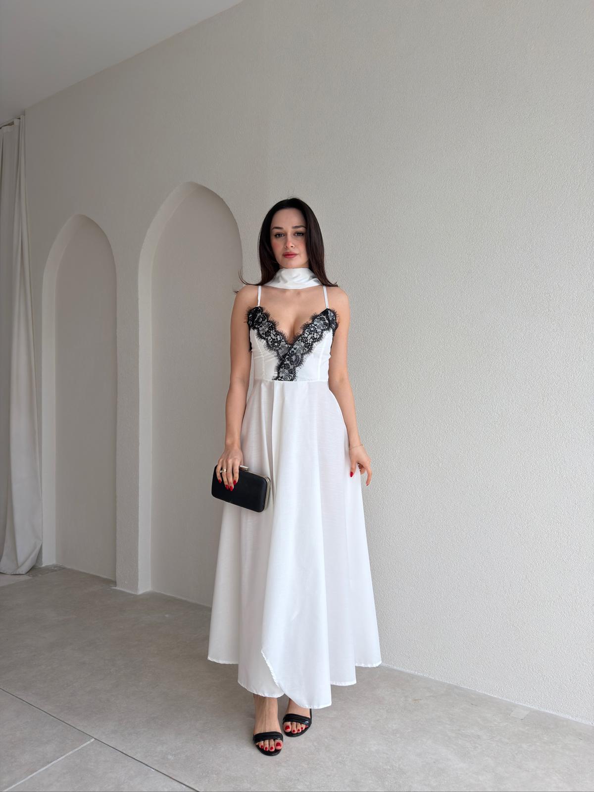 BAROK Dantel Detaylı Maxi Elbise 9035 - Beyaz