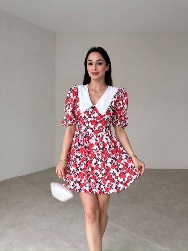 Bebe Yaka Çiçek Desenli Rochelle Elbise - Nar Çiçeği - Mooi