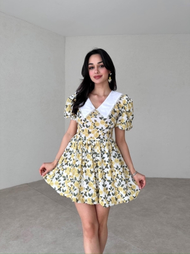 Bebe Yaka Çiçek Desenli Rochelle Elbise - Sarı - Mooi