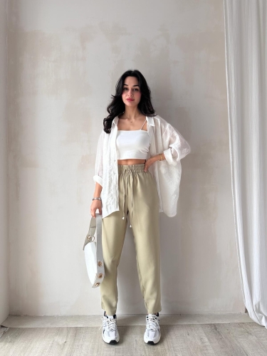 Beli Lastikli Havuç Model Heidi Pantolon - Haki - 1