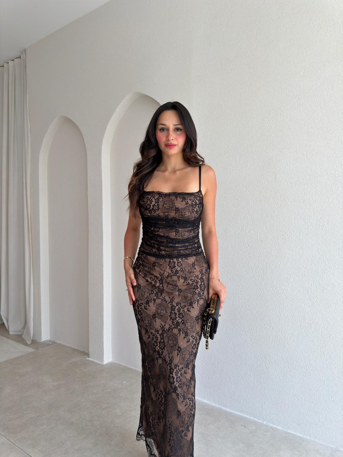 BİSTRO Dantelli Maxi Elbise 6594 - Siyah