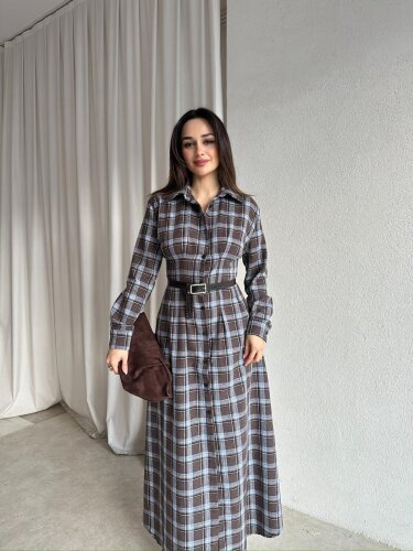 BLAKE Ekose Elbise 8705 - Mavi - Mooi Butik