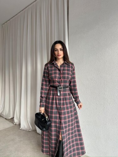 BLAKE Ekose Elbise 8705 - Kırmızı - Mooi Butik