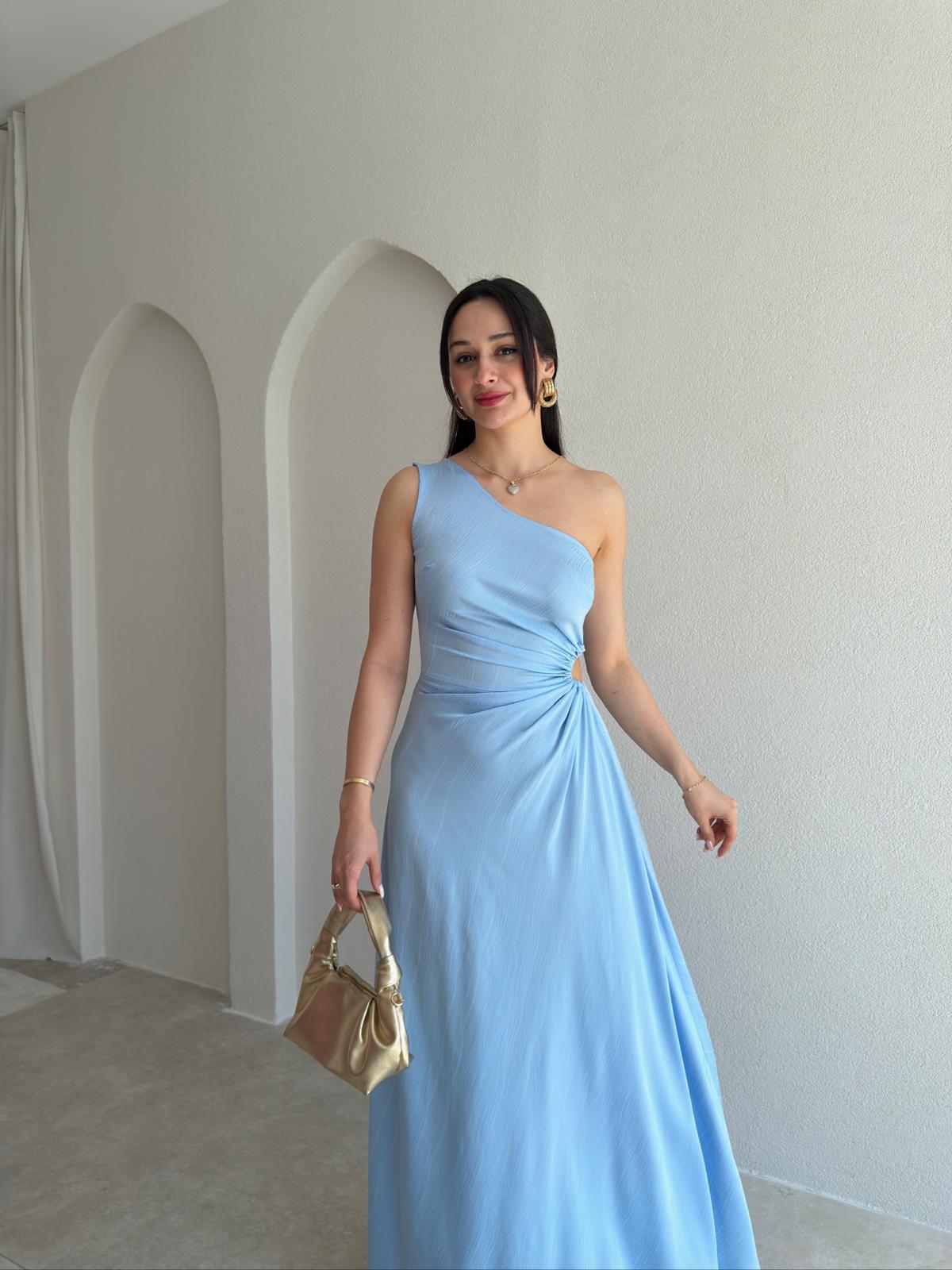  BLONDE Tek Omuz Maxi Elbise 5497 - Bebe Mavisi