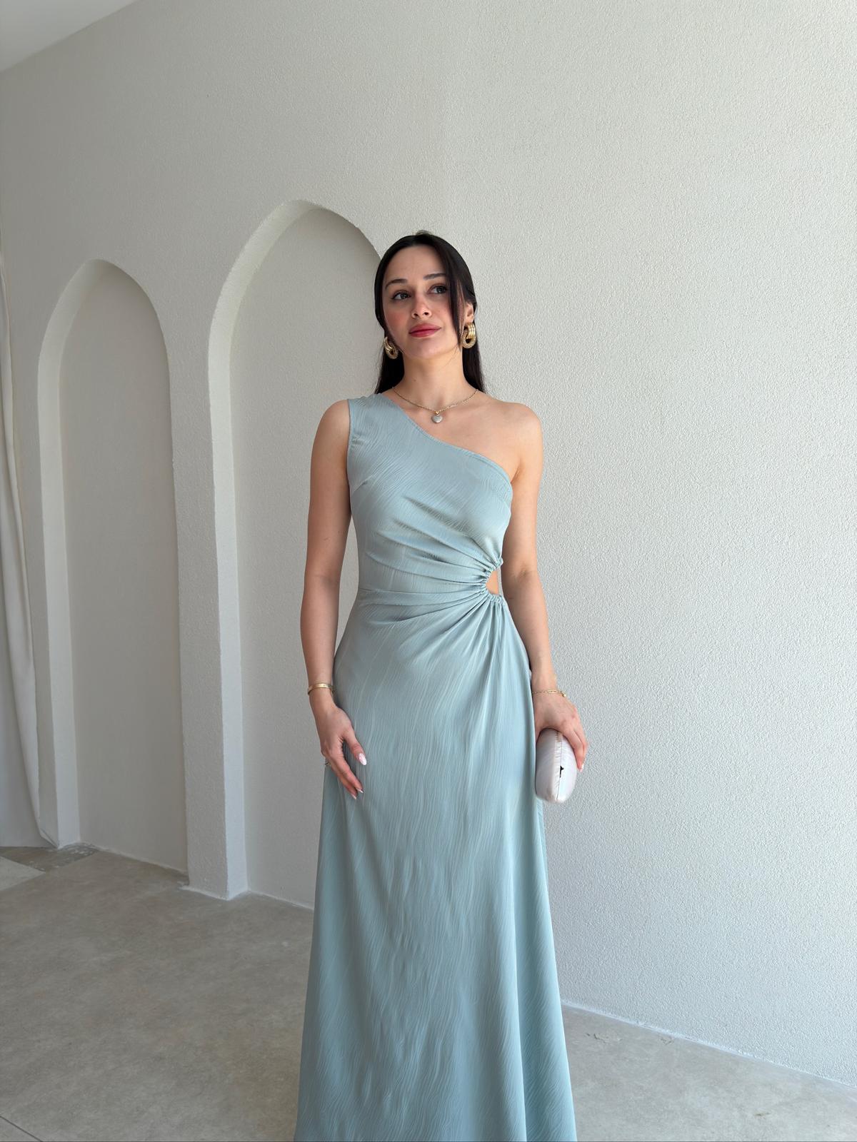 BLONDE Tek Omuz Maxi Elbise 5497 - Mint