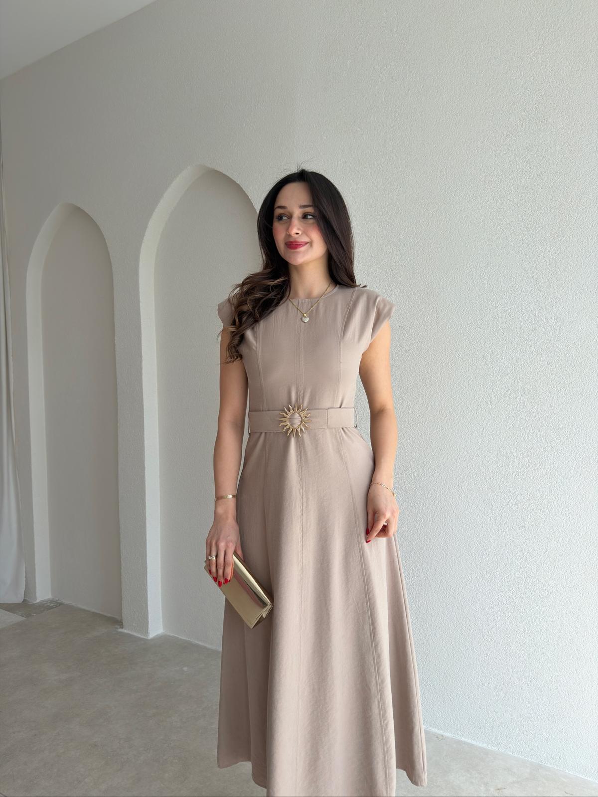 BOLD Kemerli Midi Elbise 1812 - Vizon