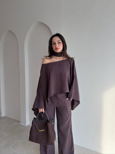  BOLİVA Şal Parçalı Takım 8951 - Acı Kahve - Mooi Butik