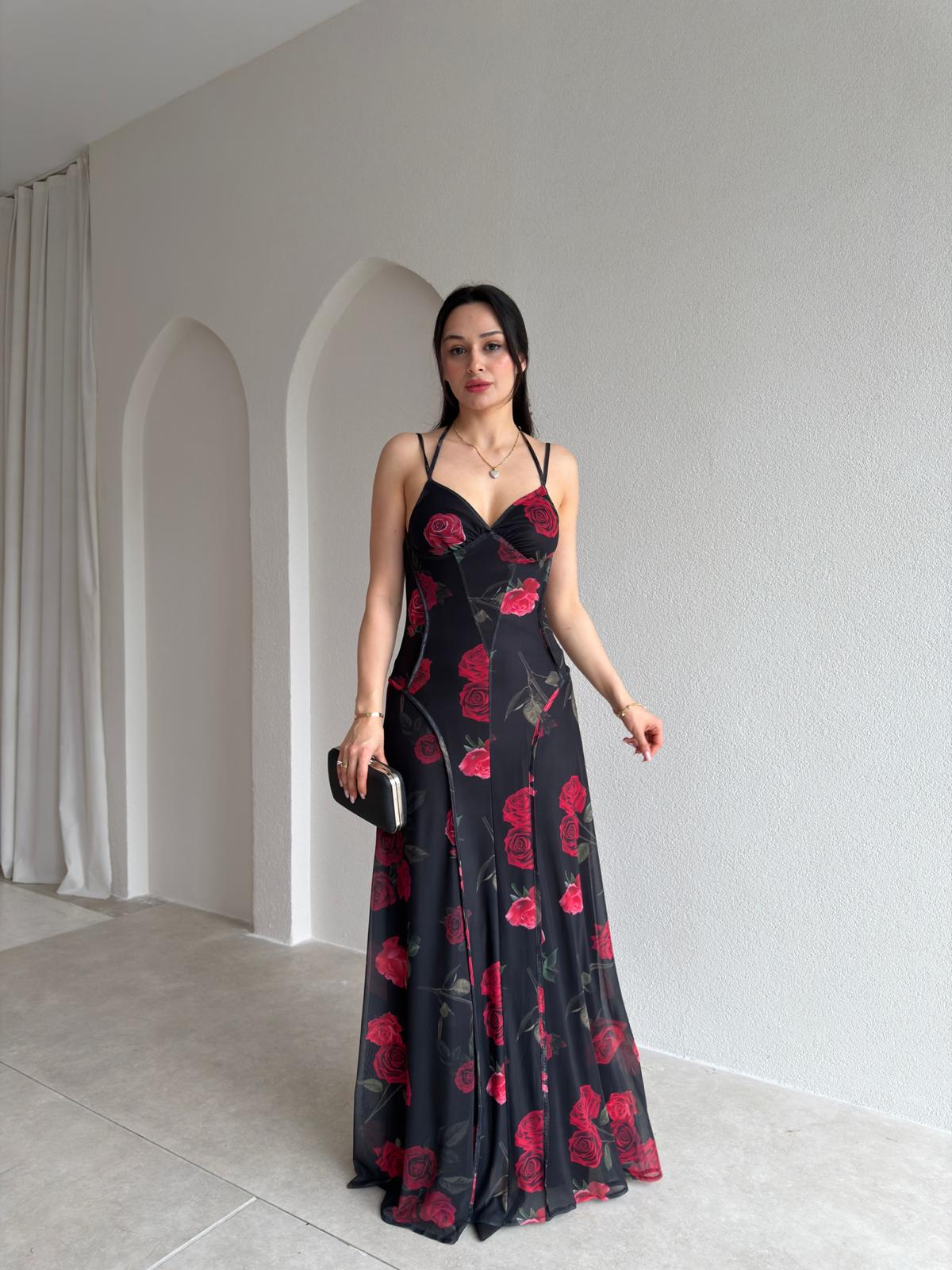 BONJOUR Gül Desenli Maxi Elbise 5508 - Siyah