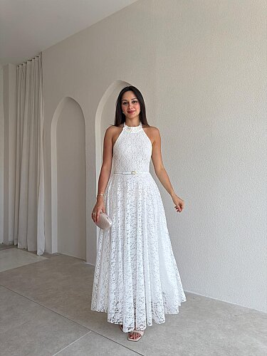 BORGES Dantelli Midi Elbise 8780 - Beyaz - Mooi Butik