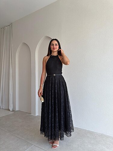 BORGES Dantelli Midi Elbise 8780 - Siyah - Mooi Butik