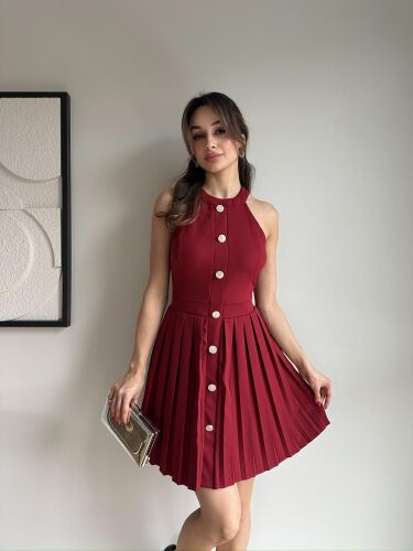 BOWİE Mini Elbise 8624 - Bordo - Mooi Butik