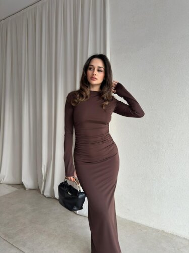  BRAVE Bisiklet Yaka Maxi Elbise 8760 - Acı Kahve - Mooi Butik