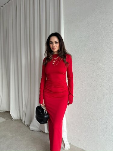 BRAVE Bisiklet Yaka Maxi Elbise 8760 - Kırmızı - Mooi Butik