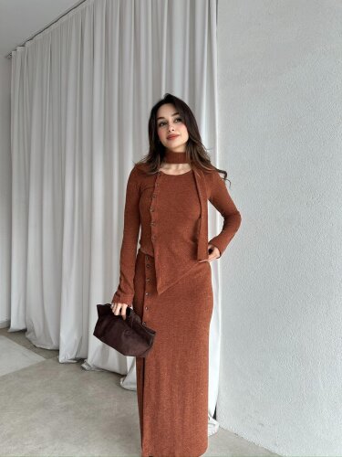 CANDİS Triko Fularlı Takım 8512 - Kahverengi - Mooi Butik