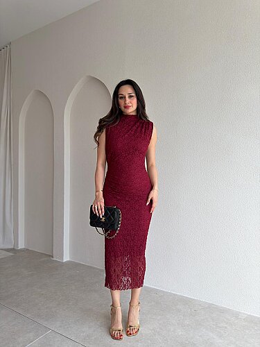 CAPRİCE Dantelli Midi Elbise 1811 - Bordo - Mooi Butik