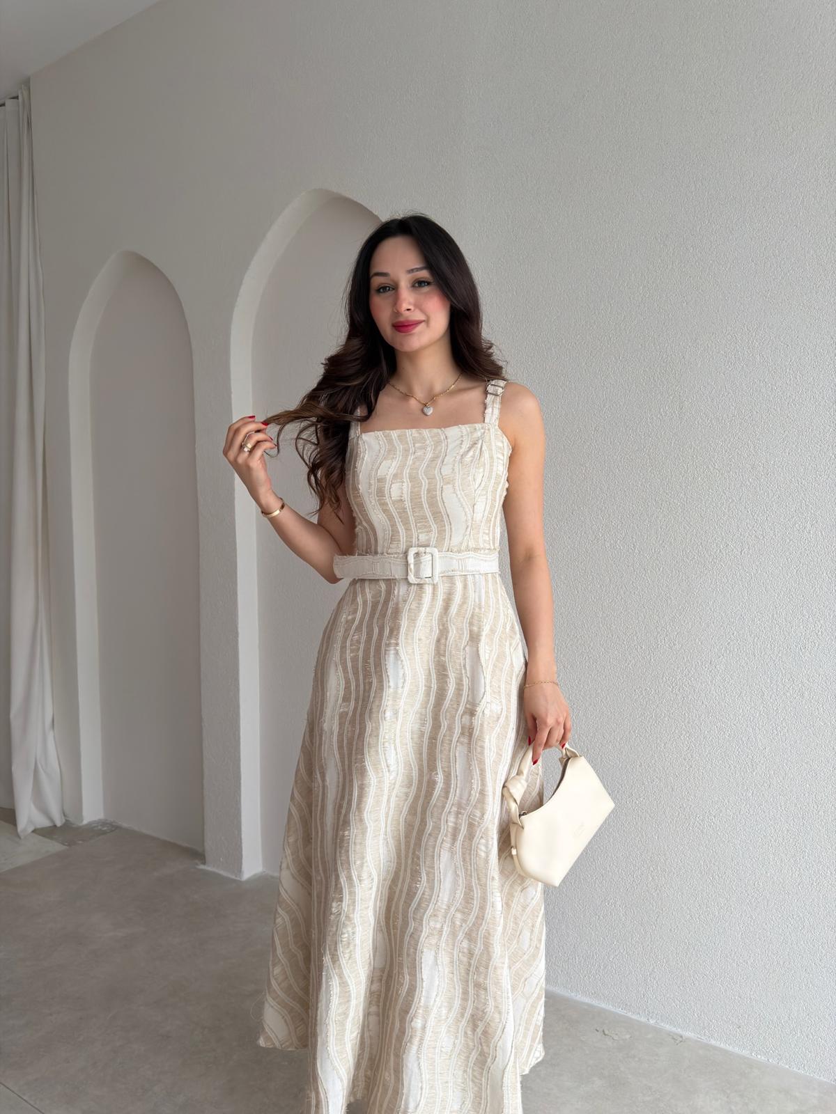 CARREY Kemerli Midi Elbise 5212 - Krem Rengi