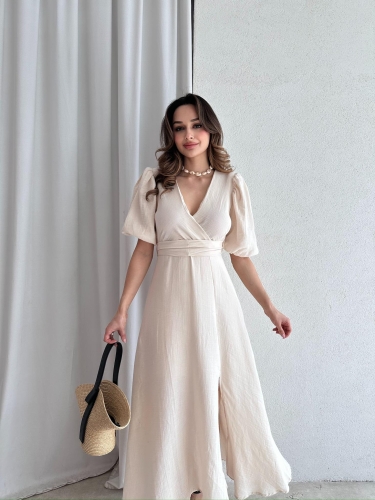 Müslin Kumaş CHESTER Midi Elbise 4558 - Krem - Mooi Butik