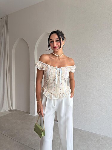 CHİKO Çiçekli Bluz 8026 - Mavi - Mooi Butik