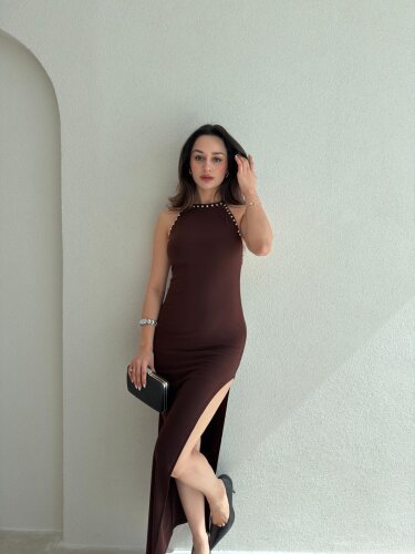 CHRİS Maxi Elbise 3823 - Acı Kahve - Mooi Butik