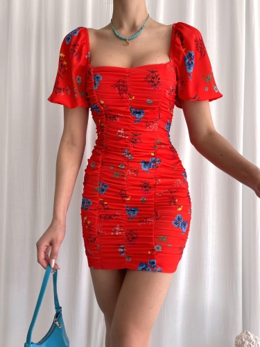 Çiçek Desenli Drapeli Barres Elbise 8596 - Kırmızı - 2