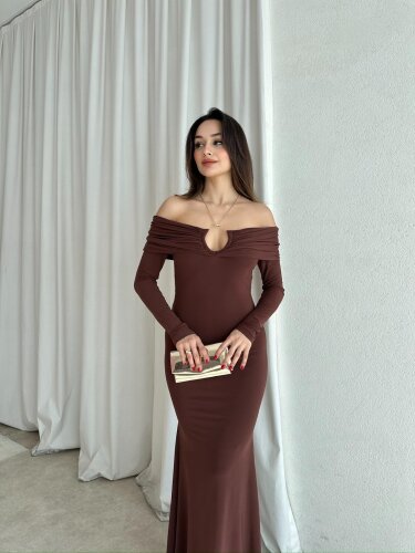 CLARET Maxi Elbise 8277 - Acı Kahve - Mooi Butik