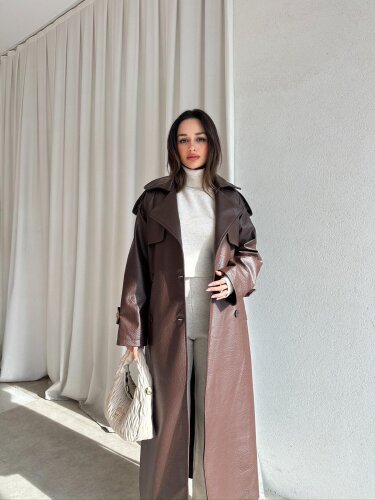 CROCODİLE Desen Deri Trençkot 8346 - Acı Kahve - Mooi Butik