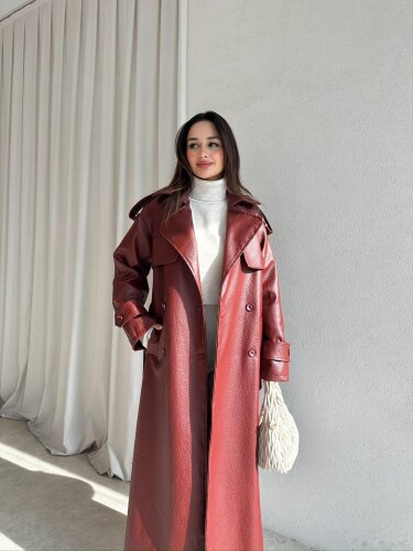 CROCODİLE Desen Deri Trençkot 8346 - Bordo - 2