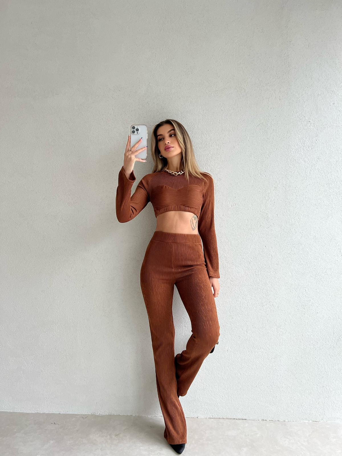Crop-Pantolon Flash Takım 6423 - Kahverengi