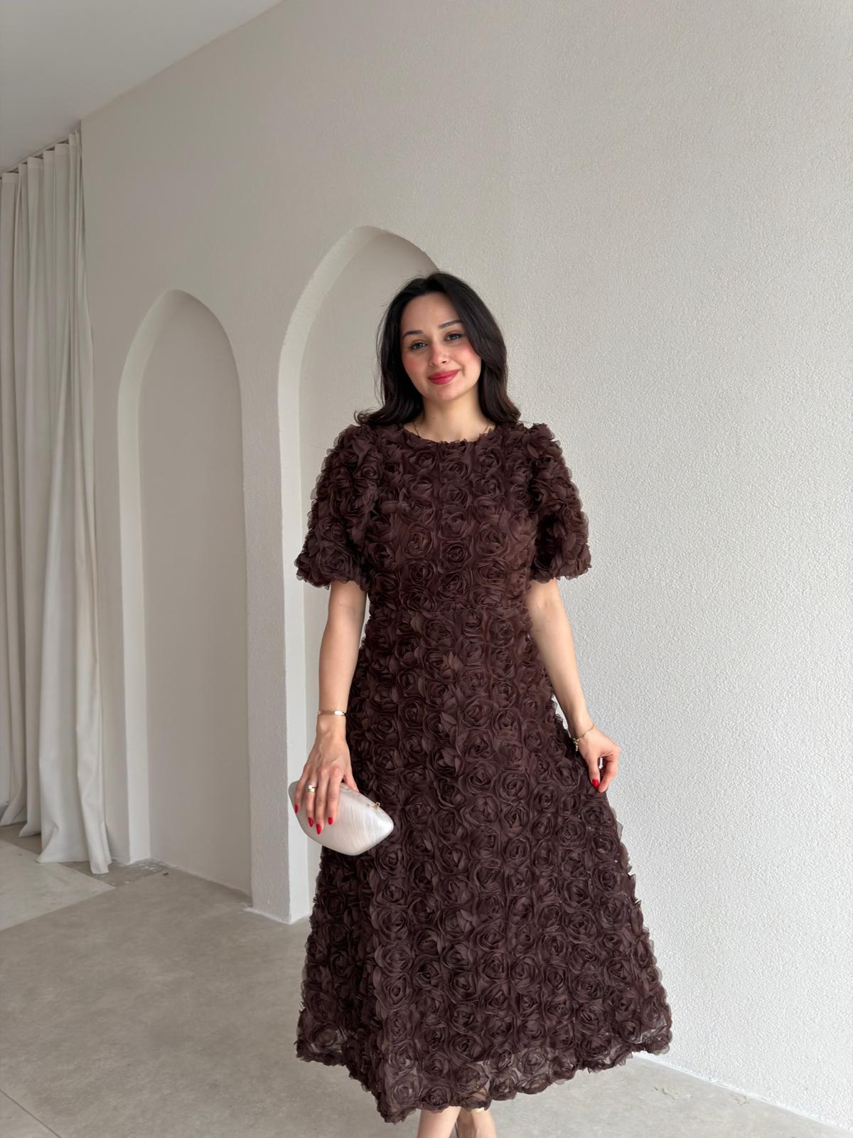 CUTE Kabartma Gül Desenli Midi Elbise 1807 - Acı Kahve