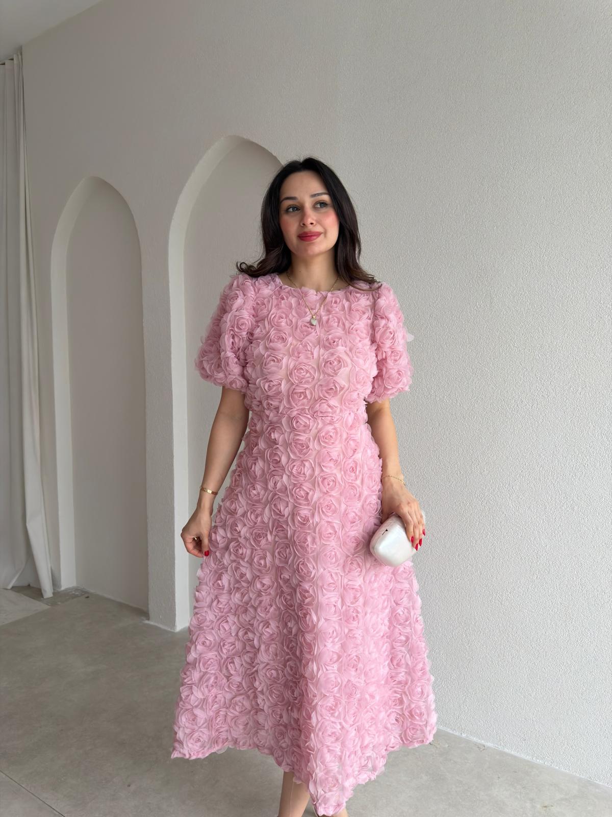 CUTE Kabartma Gül Desenli Midi Elbise 1807 - Pudra