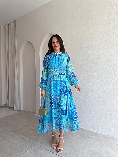 DAMİAN Desenli Midi Elbise 4400 - Mavi - Mooi Butik